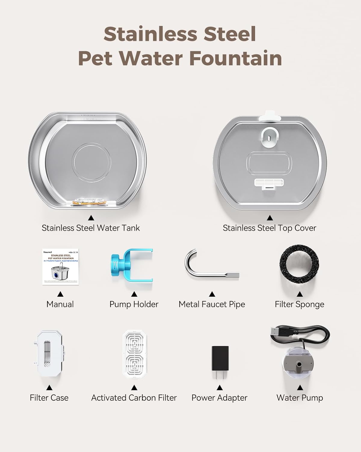 Fuente de agua para gatos de acero inoxidable: fuente para gatos de 108 oz/3.2 L