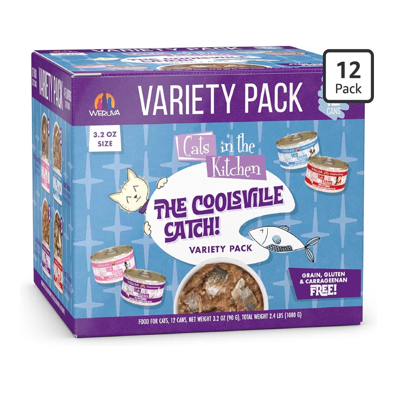 Weruva Cats in The Kitchen, ¡La captura de Coolsville! Paquete de variedad, lata de 3.2oz (paquete de 12)