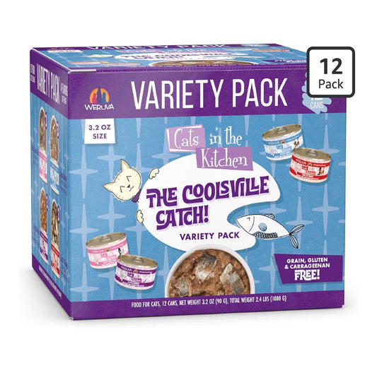 Weruva Cats in The Kitchen, ¡La captura de Coolsville! Paquete de variedad, lata de 3.2oz (paquete de 12)