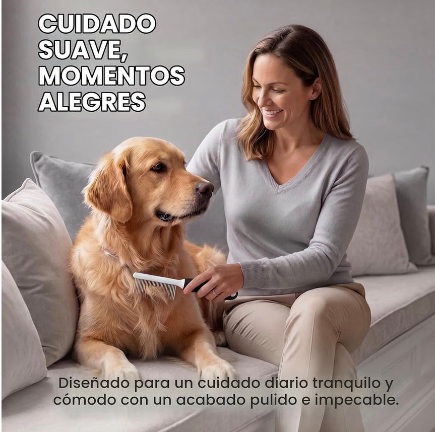 Peine desenredante para mascotas con dientes largos y cortos de acero inoxidable para eliminar la piel enmarañada, nudos y enredos.