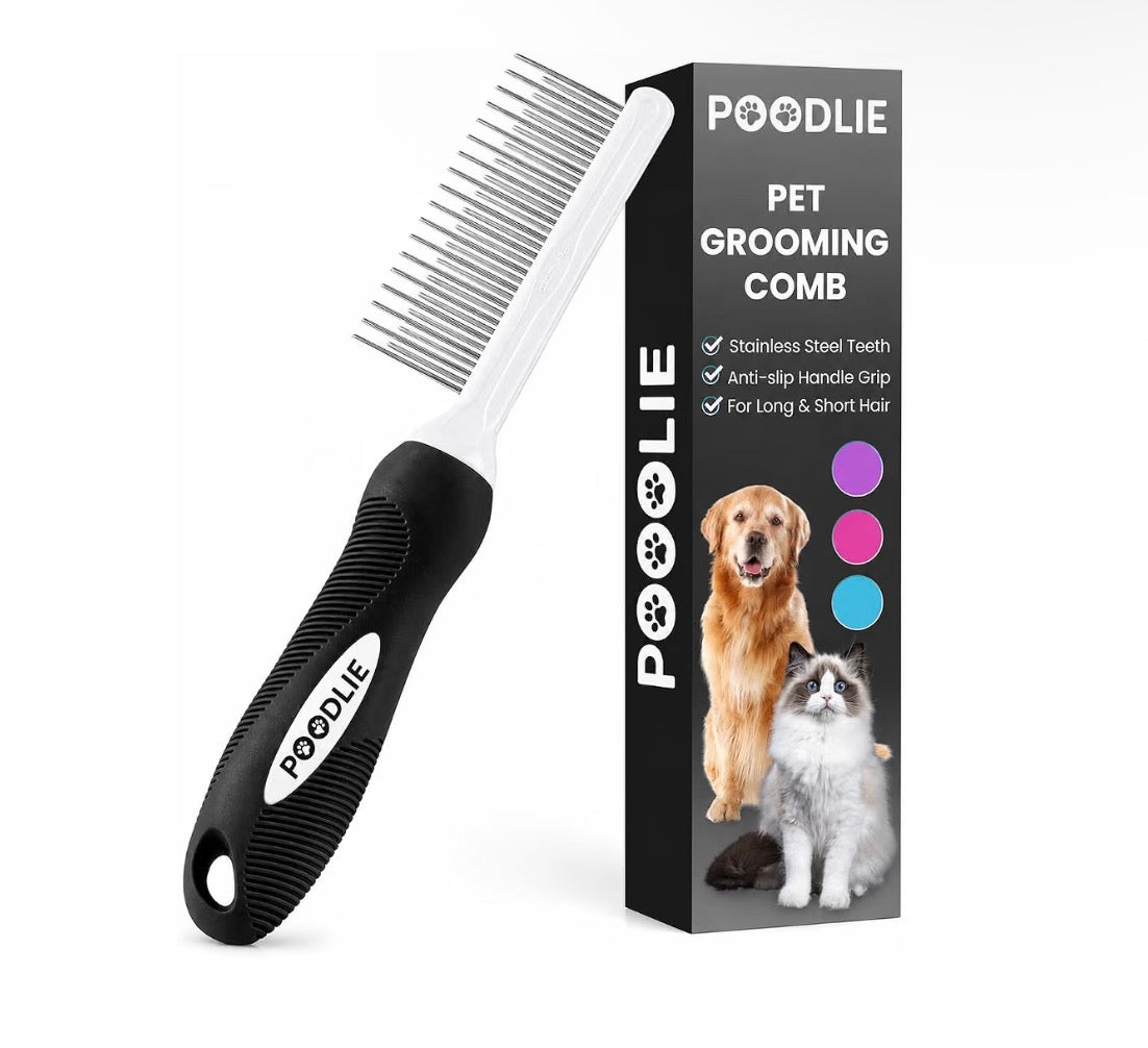 Peine desenredante para mascotas con dientes largos y cortos de acero inoxidable para eliminar la piel enmarañada, nudos y enredos.