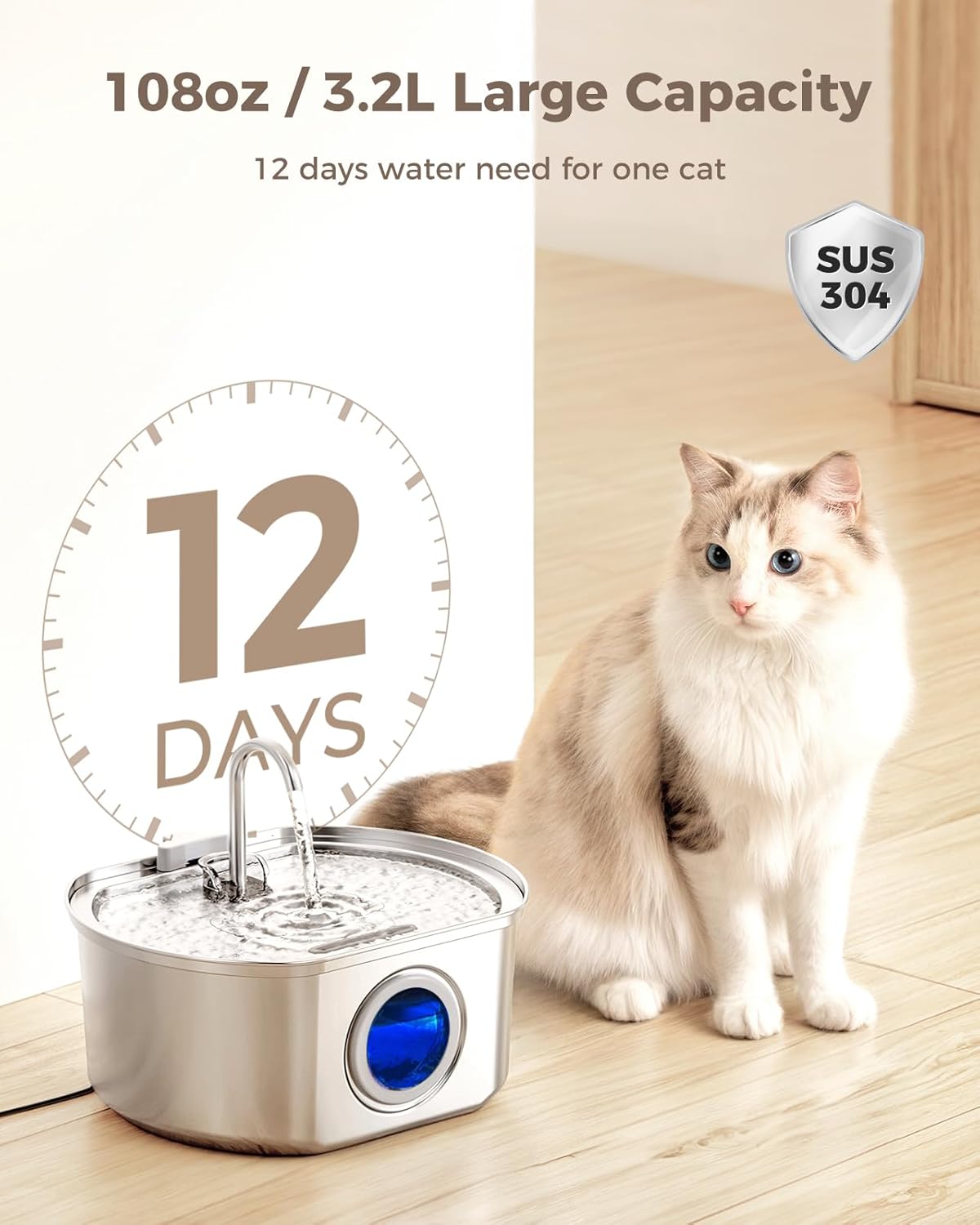 Fuente de agua para gatos de acero inoxidable: fuente para gatos de 108 oz/3.2 L