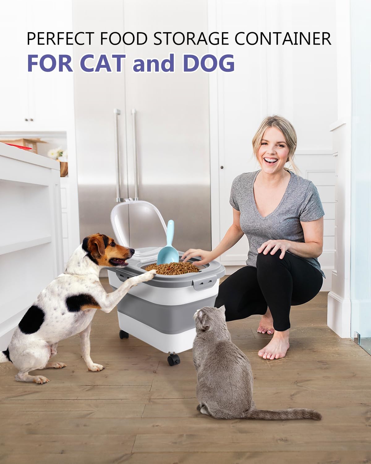 Recipiente hermético plegable para alimentos para mascotas con ruedas, hasta 20 libras