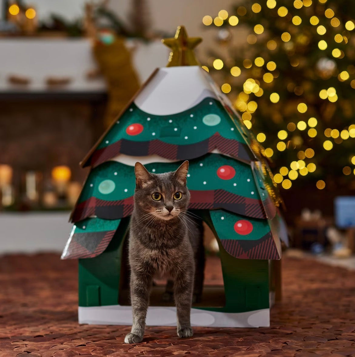Holiday Christmas Tree Cardboard Cat House