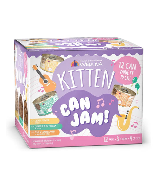 Weruva Kitten Can Jam! Chicken, Tuna & Salmon Flavored Pate 3-oz (paquete de 12 unidades)