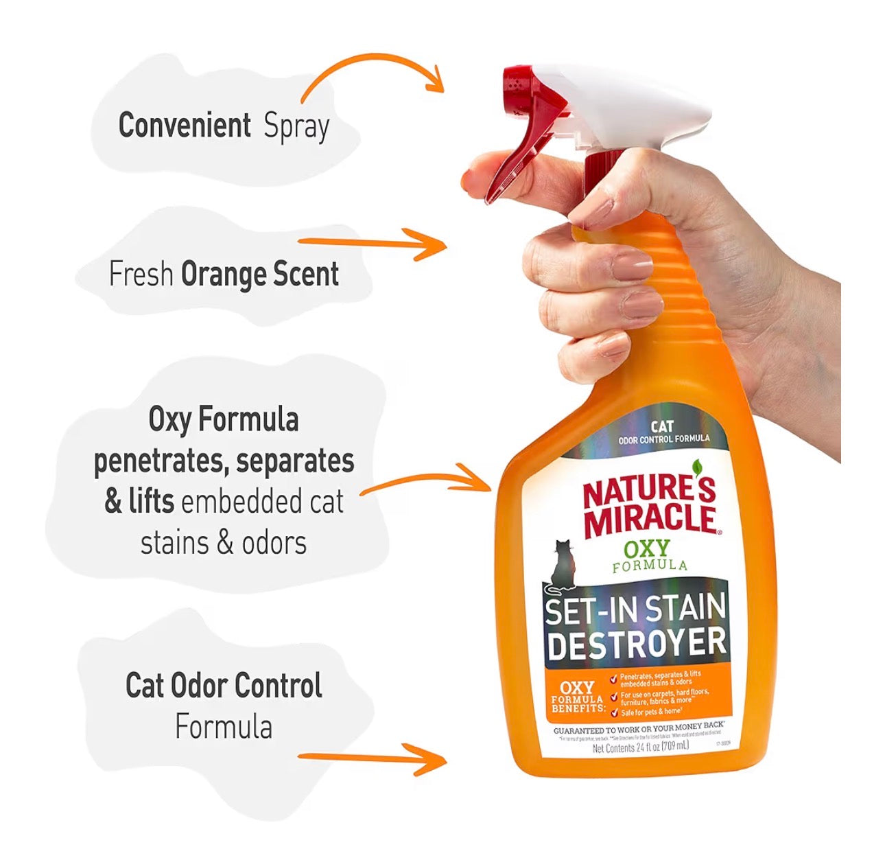 Nature's Miracle Removedor de manchas y olor solo para gatos con Oxy, 710 ml
