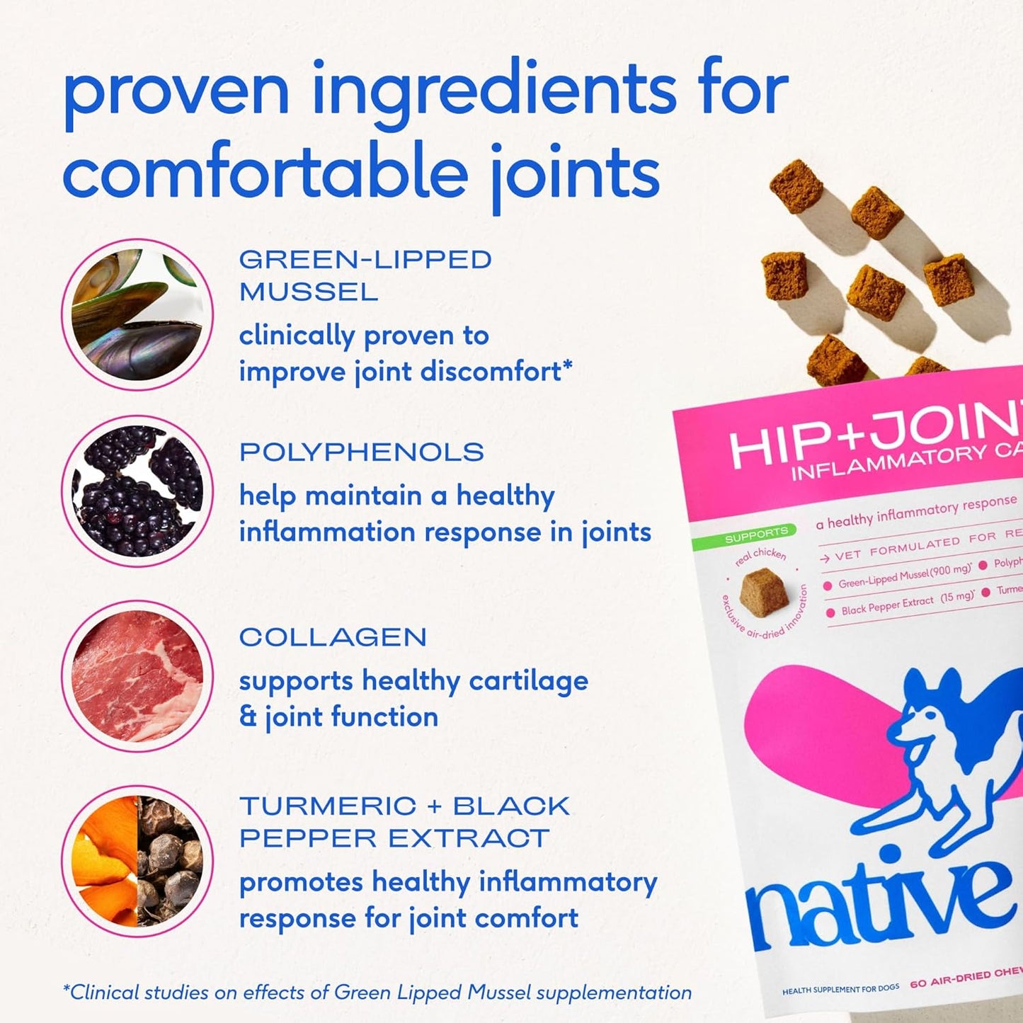 Native Pet Hip and Joint Alivio del dolor para perros - Colágeno para perros