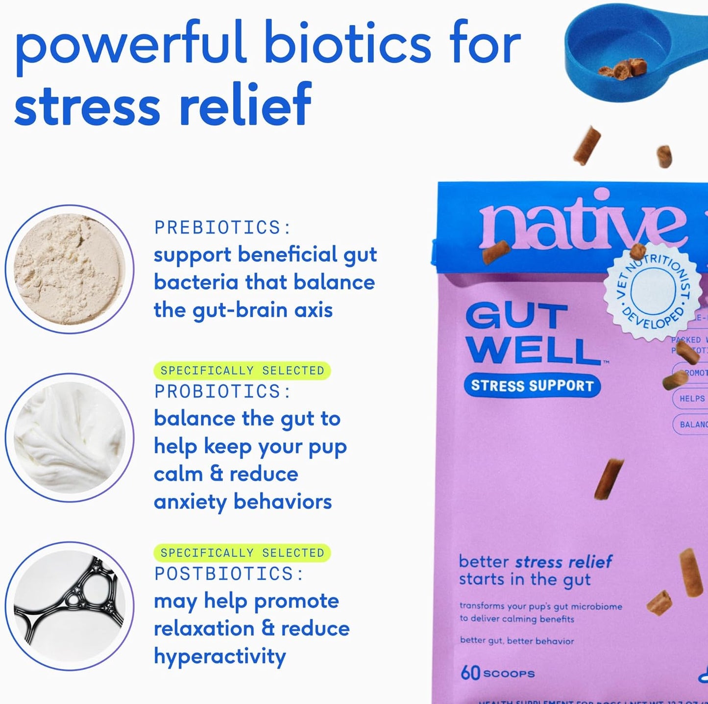 Native pet GutWell - Soporte para el estrés, alivio de la ansiedad y golosinas calmantes para perros