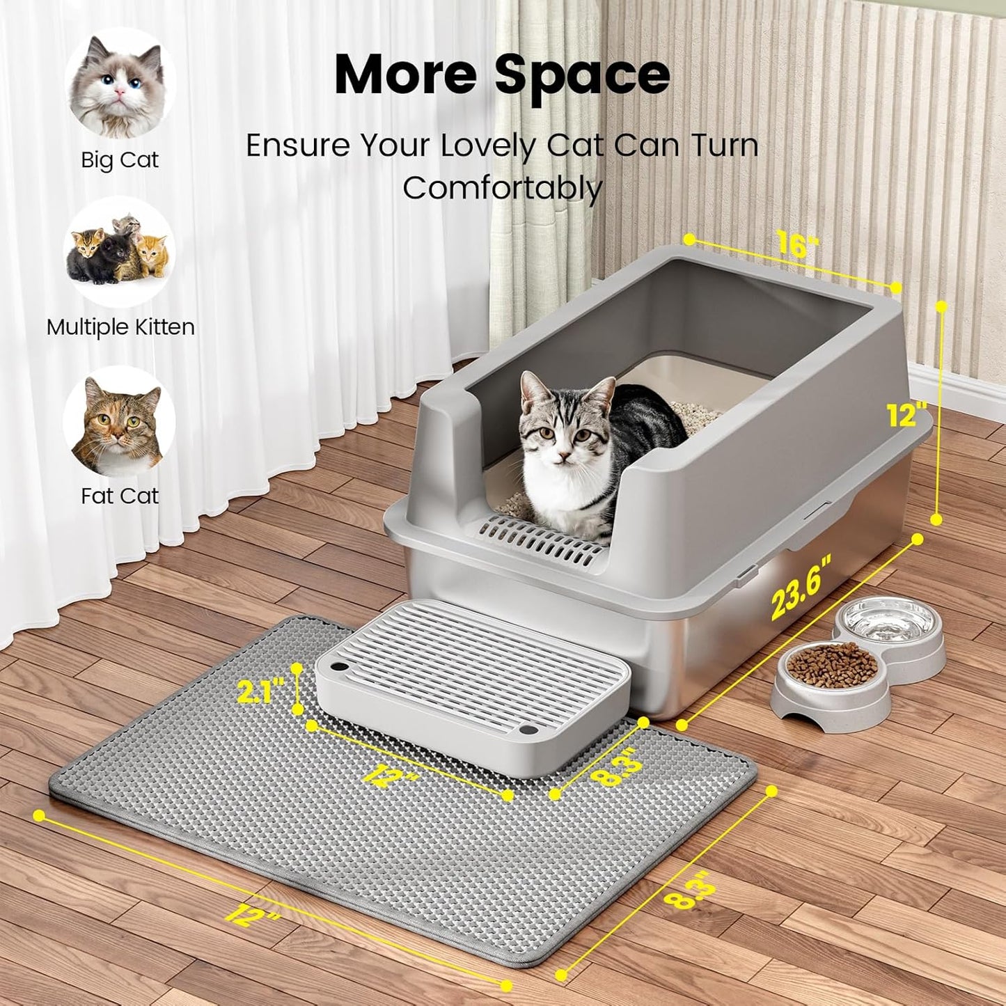 Caja de arena de acero inoxidable para gatos XL
