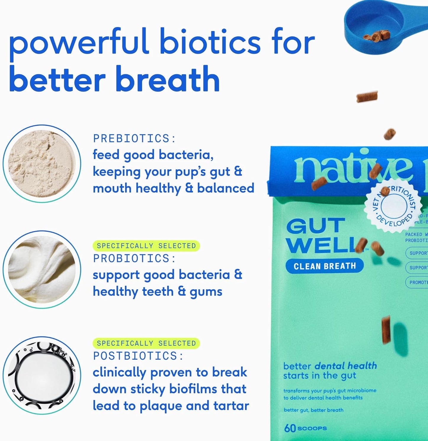 Native Pet GutWell Clean Breath - aliento fresco para perro y polvo dental para perros