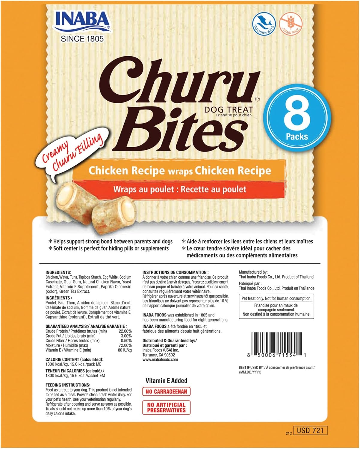 INABA Churu Bites - Golosinas para perros, suaves y masticables horneados envueltos de pollo