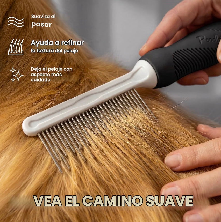 Peine desenredante para mascotas con dientes largos y cortos de acero inoxidable para eliminar la piel enmarañada, nudos y enredos.