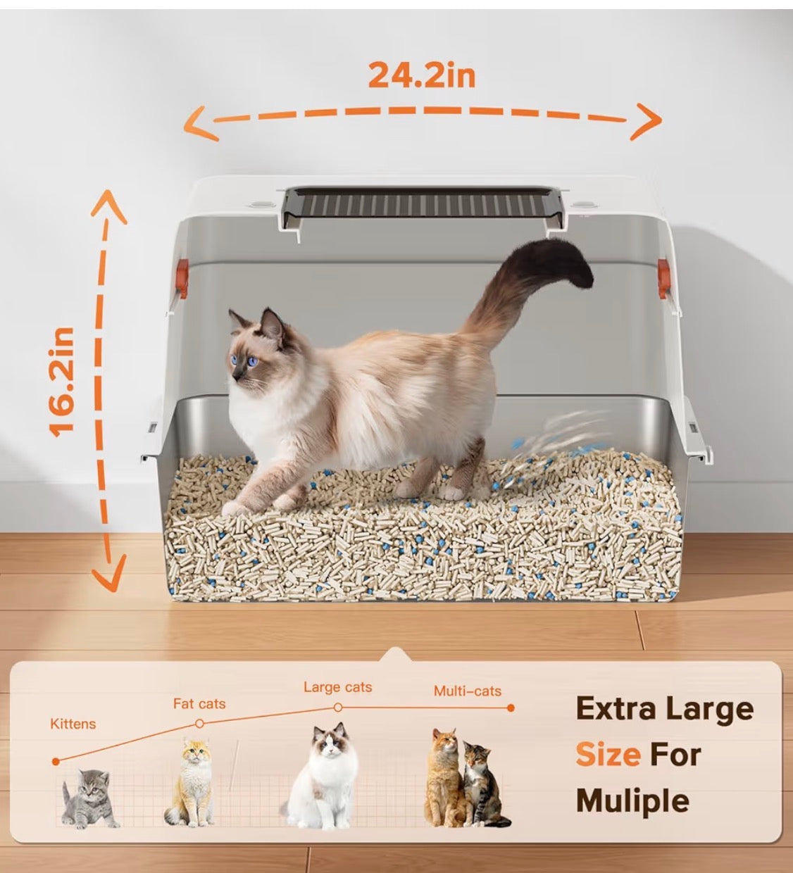 Caja de arena de acero inoxidable para gatos con tapa XL