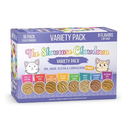 Weruva Slide N' Serve Paté, alimento húmedo para gatos, The Showcase Chowdown Slide N' Serve, bolsa de 2.8 oz (80 g), paquete variado de 16