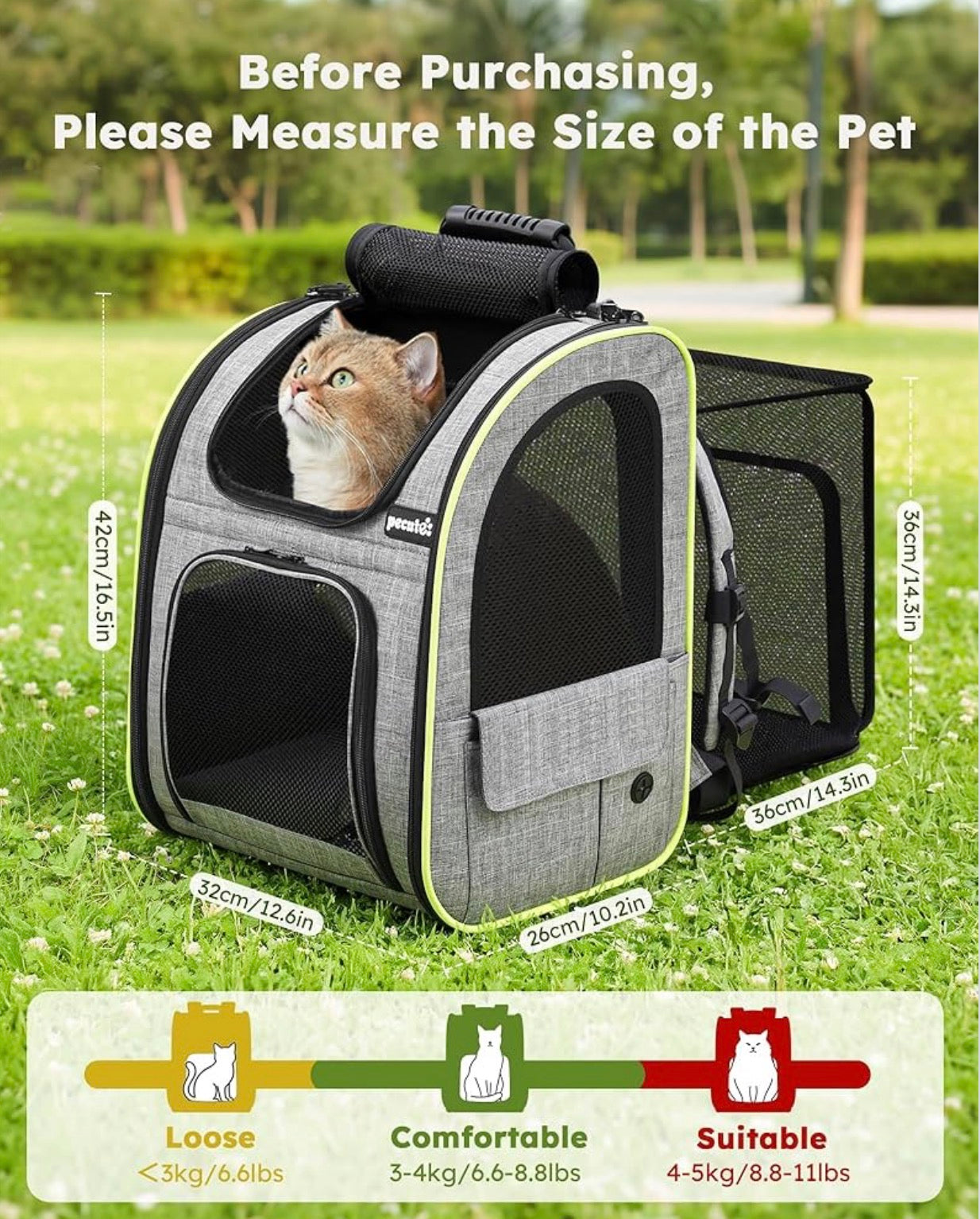 Mochila para mascotas, extensible con malla transpirable para perros pequeños, gatos
