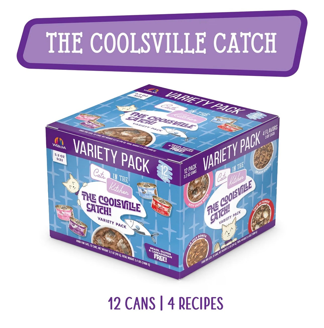 Weruva Cats in The Kitchen, ¡La captura de Coolsville! Paquete de variedad, lata de 3.2oz (paquete de 12)