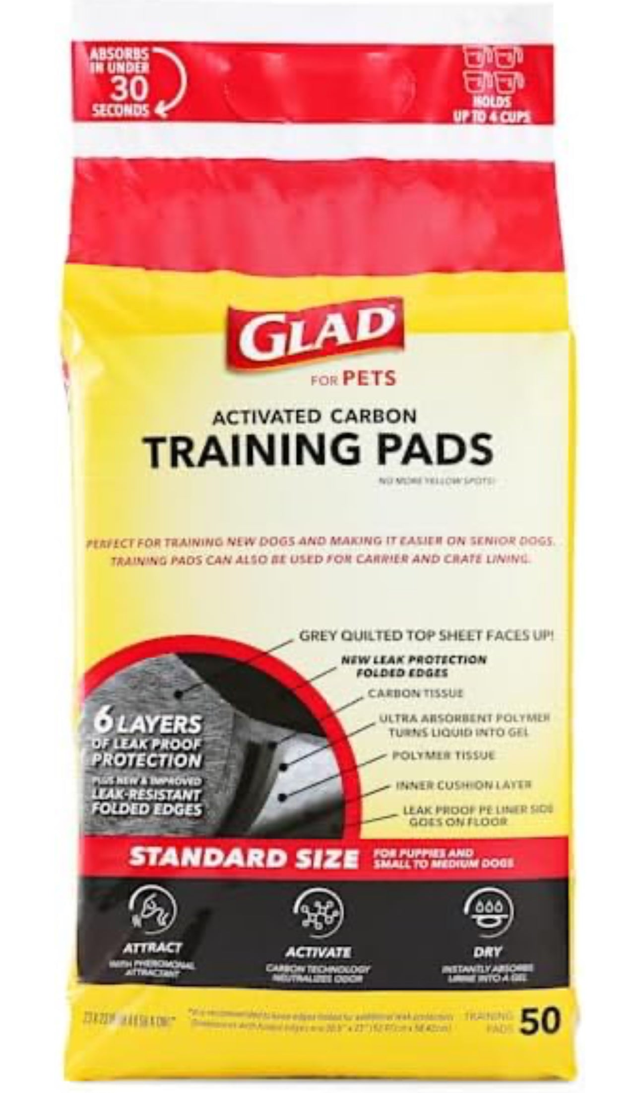 Glad for Pets|Pads de carbón negro para orina de mascotas, desechables, súper absorbentes (23x23 pulgadas, 50 unidades)