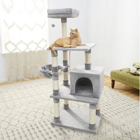 59-in Faux Fur Cat Tree & Condo, Gray