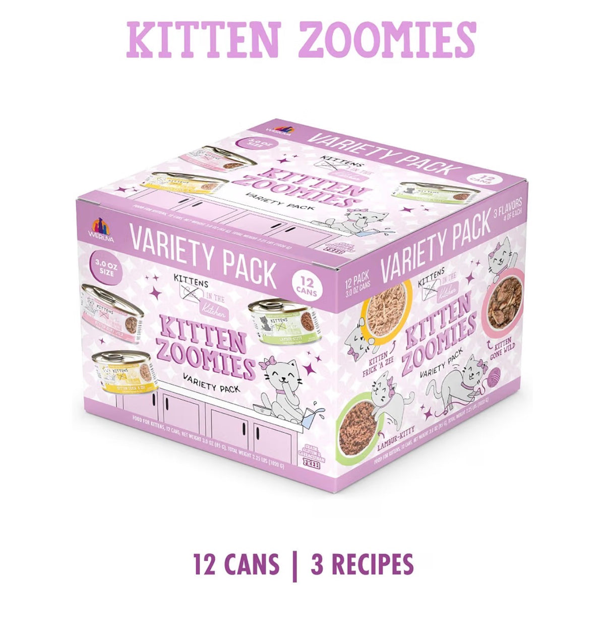 Weruva kittens in the kitchen, Paquete de Variedad Gatito Zoomies, Lata de 3oz (Paquete de 12)