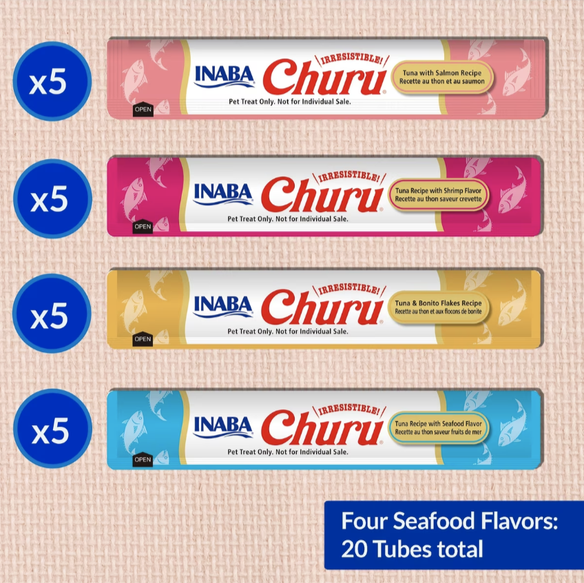 Inaba Churu Seafood Variety Creamy Puree Grain-Free Lickable Cat Treats. 0.5-oz tube, 20 count