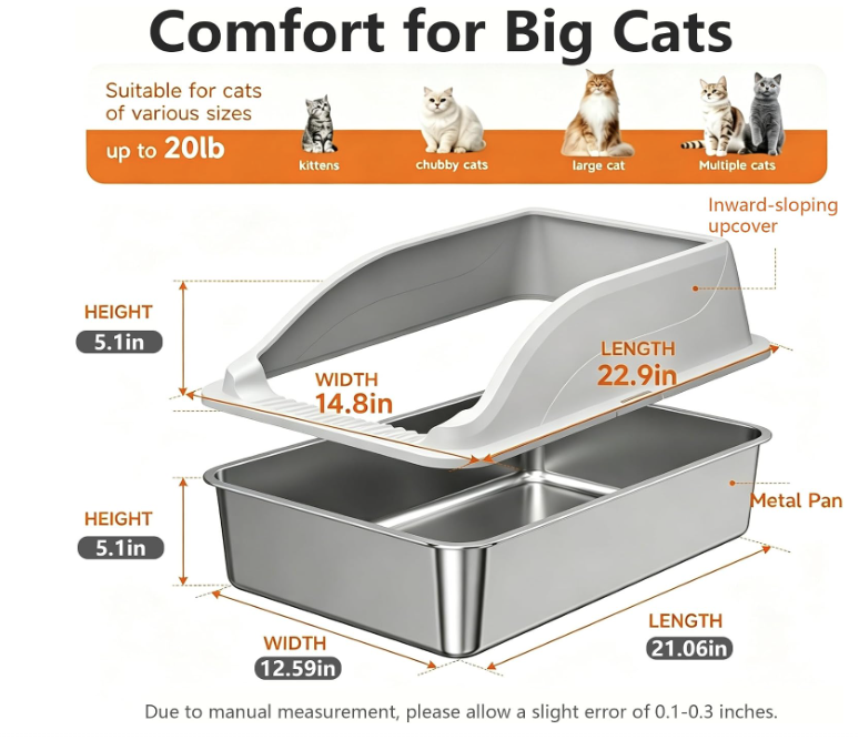 Caja de arena de acero inoxidable para gatos