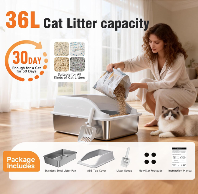Caja de arena de acero inoxidable para gatos