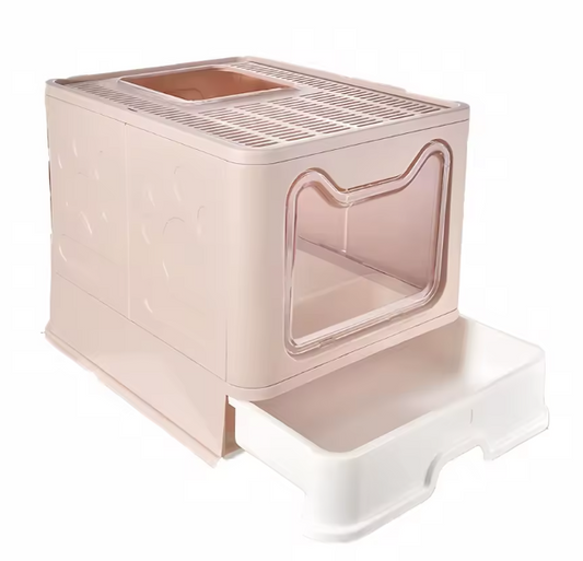 caja de arena plegable: Diseño de cajón con recogedor para una fácil gestión de residuos de gatos - Rosado