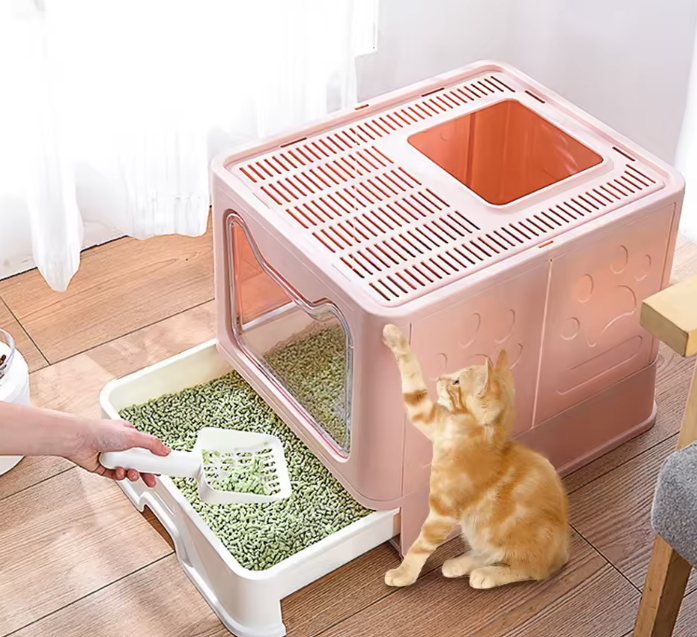 caja de arena plegable: Diseño de cajón con recogedor para una fácil gestión de residuos de gatos - Rosado