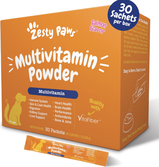 Zesty Paws Multivitamin Powder Salmon Flavored Digestion, Mobility & Immune Supplement for Dogs, 30 count