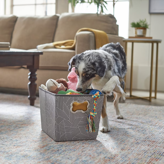 Rectangle Collapsible Pet Toy Storage Bin, Gray Basket Weave