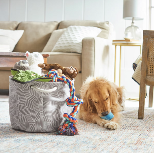 Round Collapsible Pet Toy Storage Bin, Gray Basket Weave