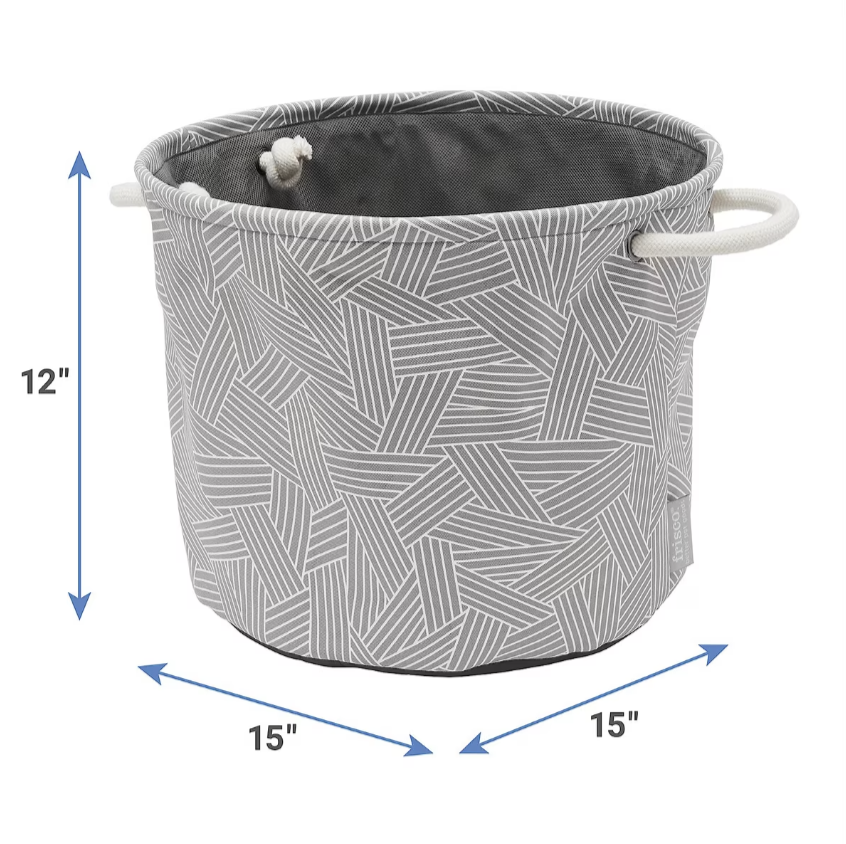 Round Collapsible Pet Toy Storage Bin, Gray Basket Weave