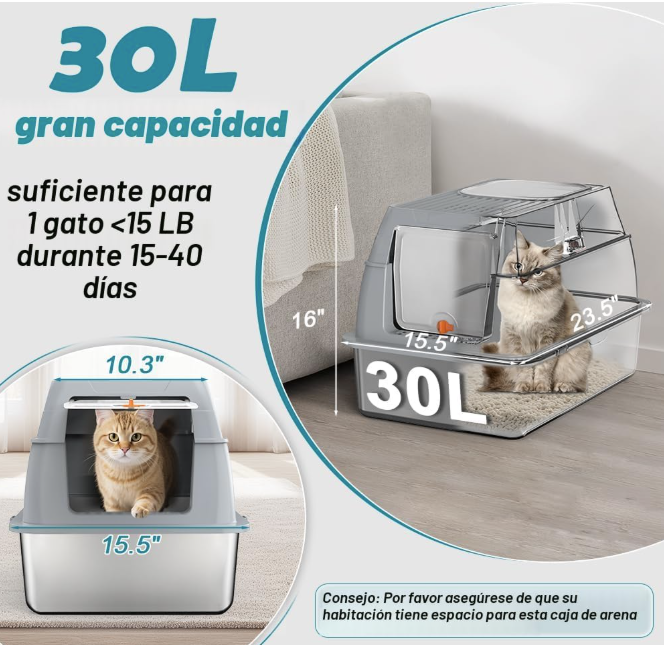 Caja de arena XL de acero inoxidable, diseño de salida superior, antiadherente