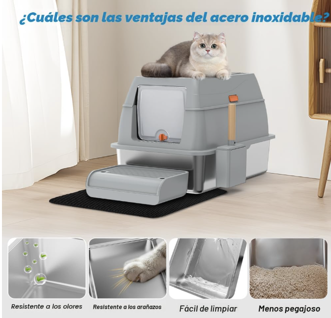 Caja de arena XL de acero inoxidable, diseño de salida superior, antiadherente