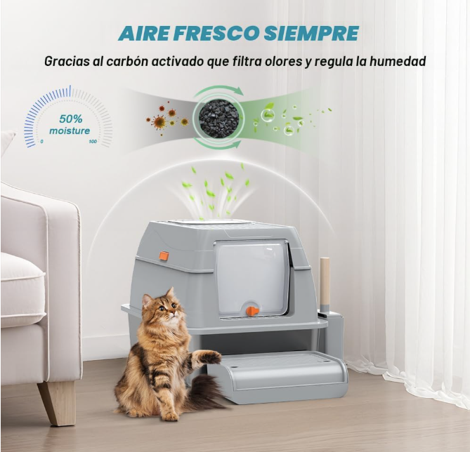 Caja de arena XL de acero inoxidable, diseño de salida superior, antiadherente