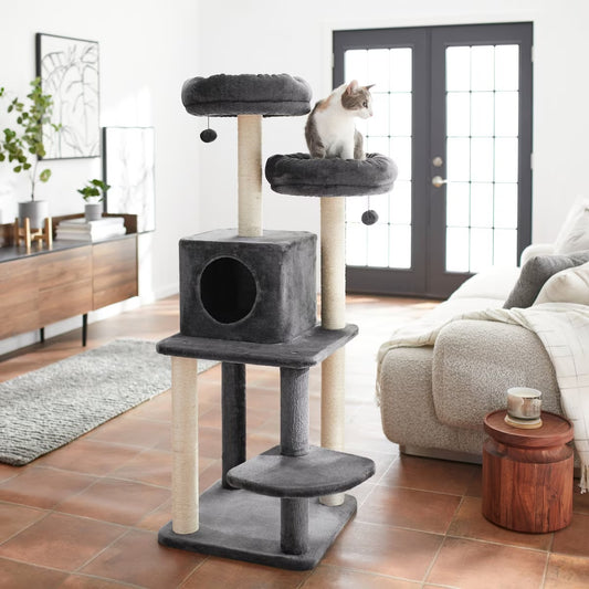 55-in Faux Fur Cat Tree & Condo, Dark Charcoal