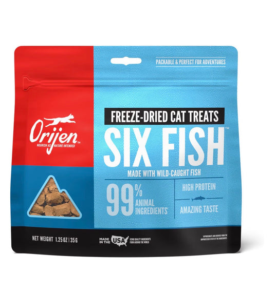 ORIJEN Freeze Dried Cat Treats Grain Free High Protein Raw Animal Ingredients Six Fish 1.25oz Bag