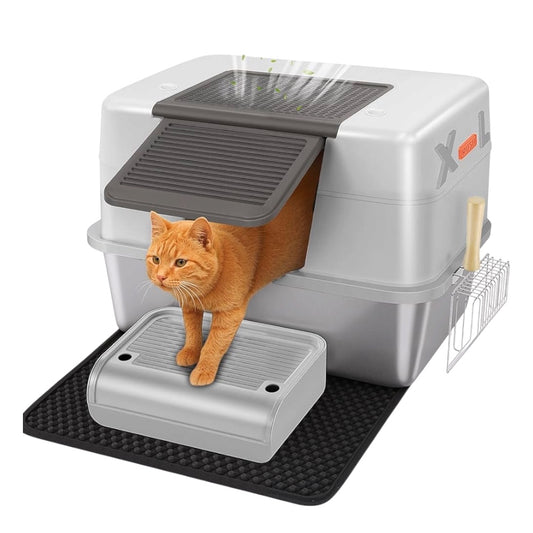 Caja de arena de acero inoxidable para gatos con tapa XL