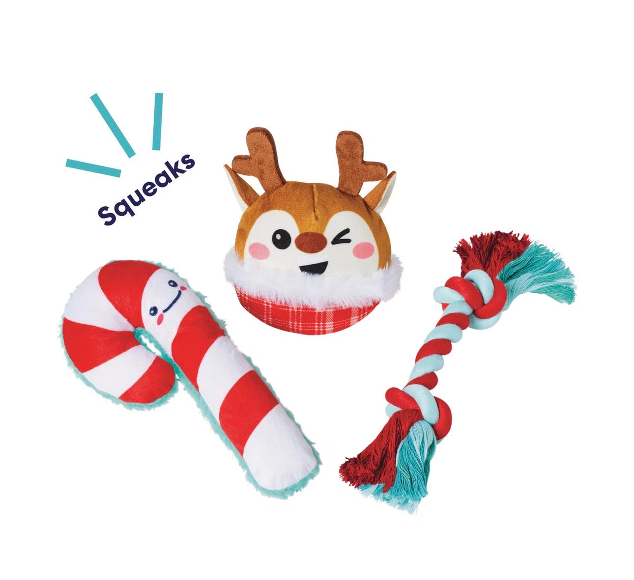 Holiday Reindeer & Candy Cane Plush & Rope Variety Pack Dog Toy, Small