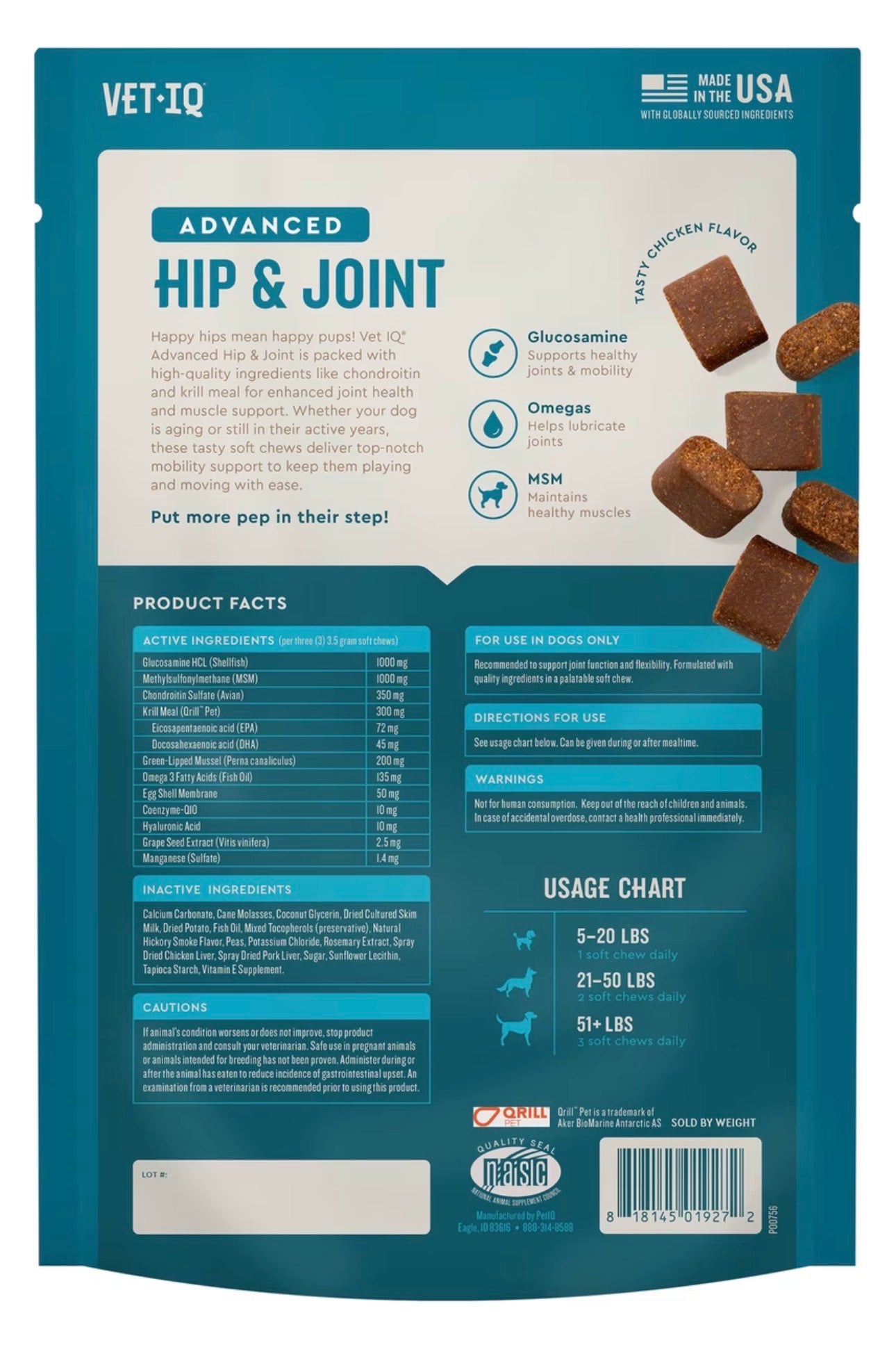 VetIQ Advanced Hip & Joint Chicken Flavored Soft Chews Dog Supplement, 60 masticables