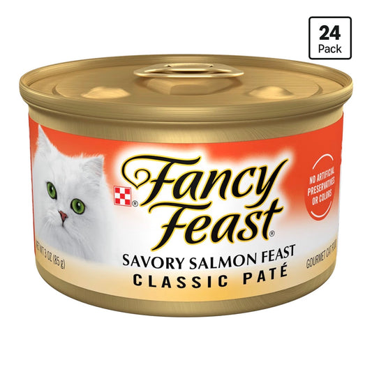 Fancy Feast Salmon Feast Classic - Paté de comida húmeda para gatos (paquete de 24), latas de 3 onzas