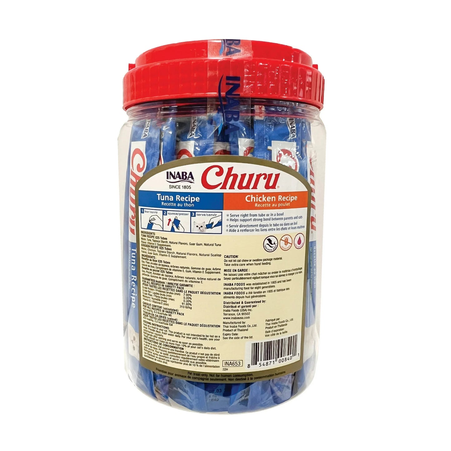 INABA Churu, Golosinas Húmedas  para Gatos, 0.5 oz, 50 Tubos, Variedad de Atún y Pollo