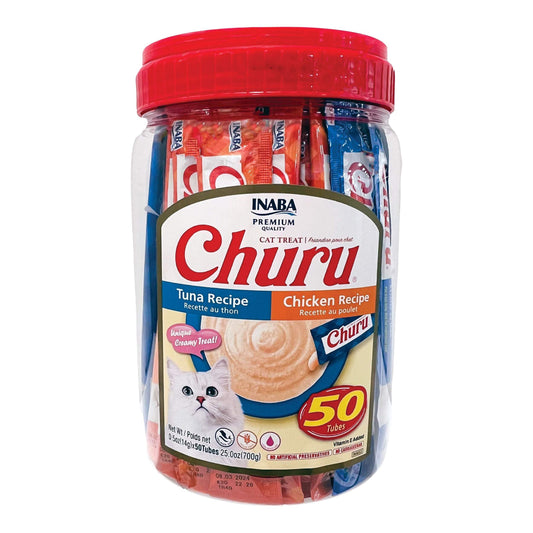INABA Churu, Golosinas Húmedas  para Gatos, 0.5 oz, 50 Tubos, Variedad de Atún y Pollo
