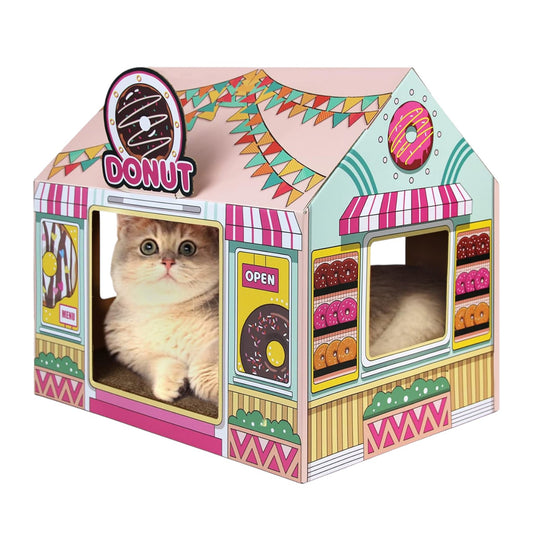 Casa de cartón para gatos con rascador