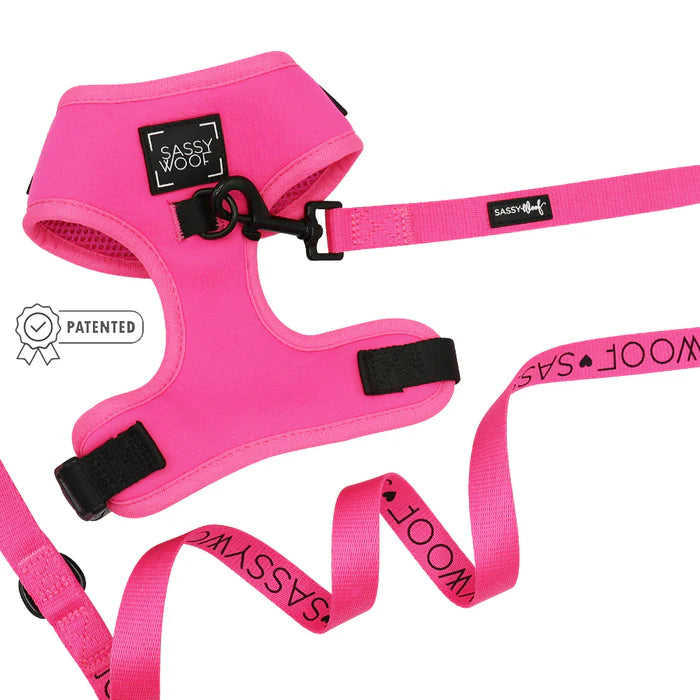 Sassy woof- pechera y correa Neon Pink