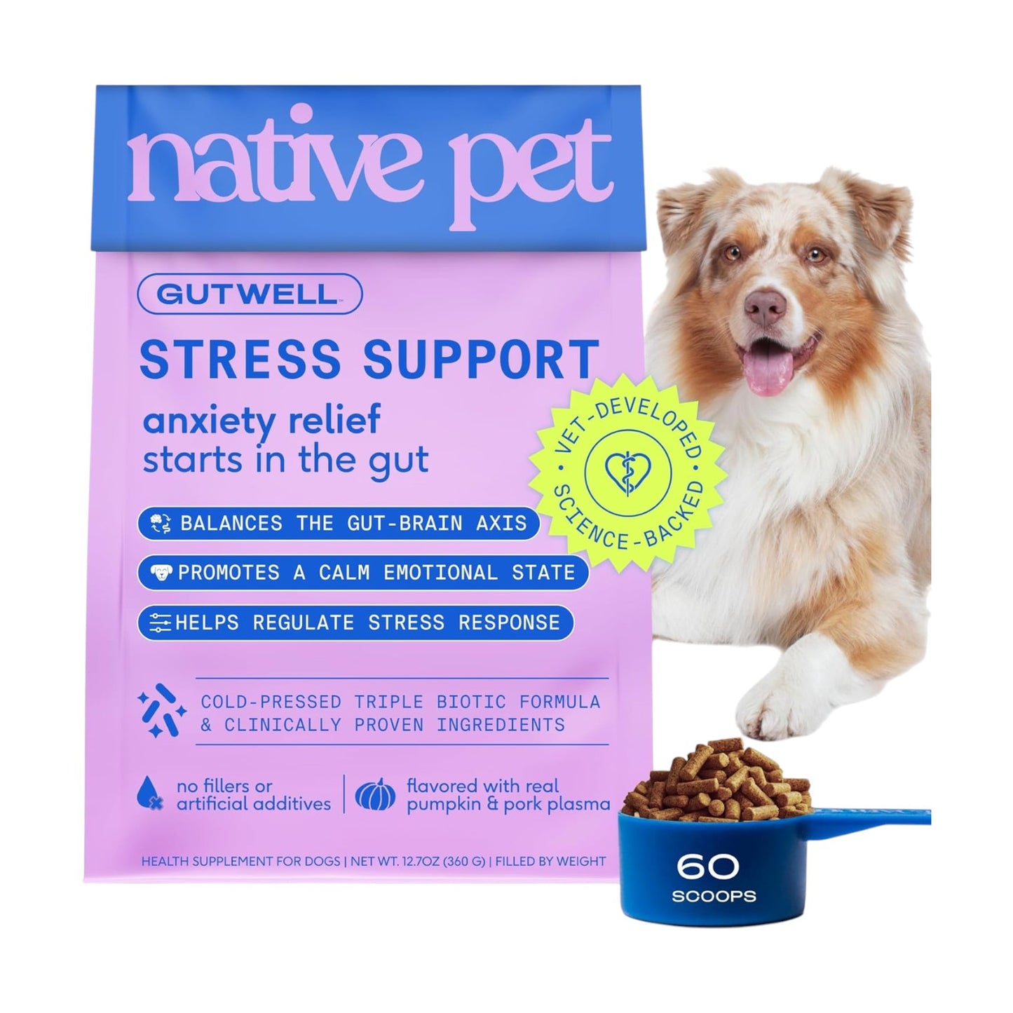 Native pet GutWell - Soporte para el estrés, alivio de la ansiedad y golosinas calmantes para perros