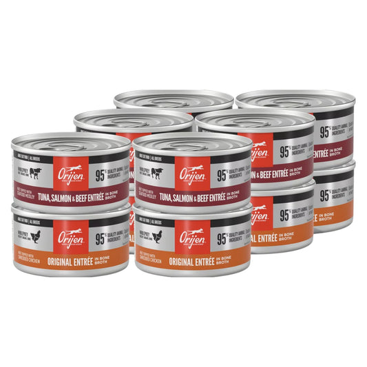 ORIJEN Premium Original Entrees Variety Pack Tuna Salmon & Beef Pate Wet Cat Food, 3-oz can, case of 12