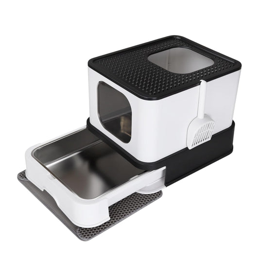 Caja de Acero Inoxidable para Gatos: Diseño Cerrado con Paredes Altas